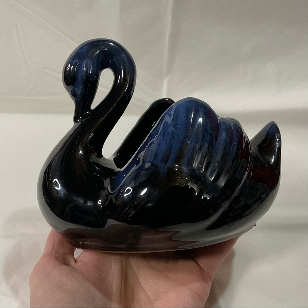 Vintage BMP? Blue black Drip glaze swan ceramic planter